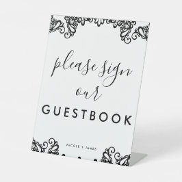 Zwart & Witte Kant Elegant Trouw Gastboek Bord Reclamebord Met Voetstuk