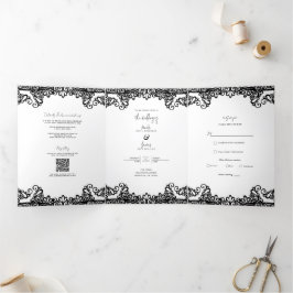 Zwart & Witte Kant Elegante Trouwjurk Drieluik Uitnodiging