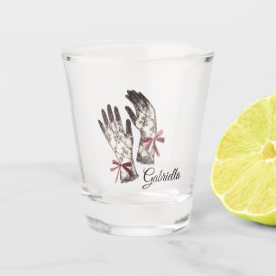 Zwart Witte Kanten Handschoenen Burgundy Strik Shot Glas