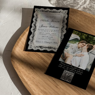 Zwart Witte Kanten Kantdoek Foto QR Code Huwelijk Kaart