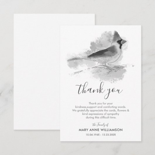 Zwart-witte kardinaal vogel bedankkaart (Voorkant / Achterkant)