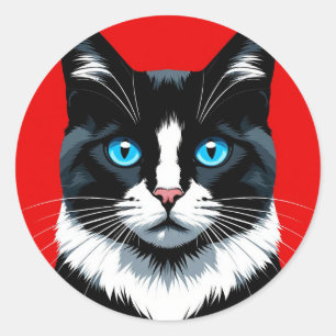 Zwart-Witte Kat Blauwe Ogen 🐱 Levendige Katachtig Ronde Sticker
