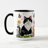 Zwart-witte kat, bloemen en vlinders mok (Links)