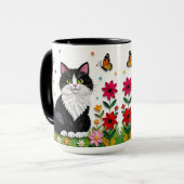 Zwart-witte kat, bloemen en vlinders mok (Voorkant links)