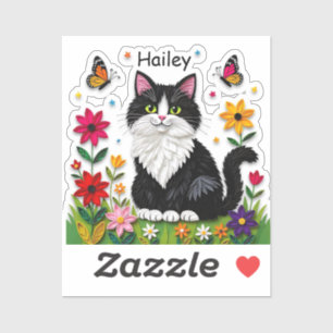 Zwart-witte kat, bloemen en vlinders sticker