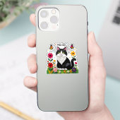 Zwart-witte kat, bloemen en vlinders sticker (Telefoon)