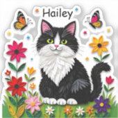 Zwart-witte kat, bloemen en vlinders sticker (Voorkant)