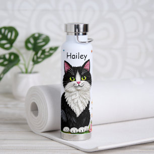 Zwart-witte kat, bloemen en vlinders   waterfles