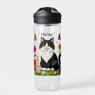 Zwart-witte kat, bloemen en vlinders   waterfles