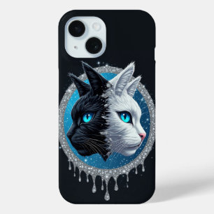 Zwart-witte kat gespleten portret met blauwe ogen iPhone 15 case