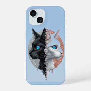 Zwart-witte kat gespleten portret met blauwe ogen iPhone 15 case