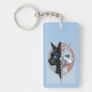 Zwart-Witte Kat Gespleten Portret Met Blauwe Ogen Sleutelhanger