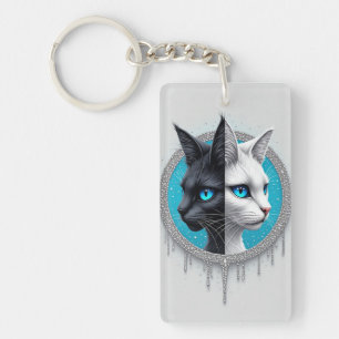 Zwart-witte kat gespleten portret met blauwe ogen sleutelhanger