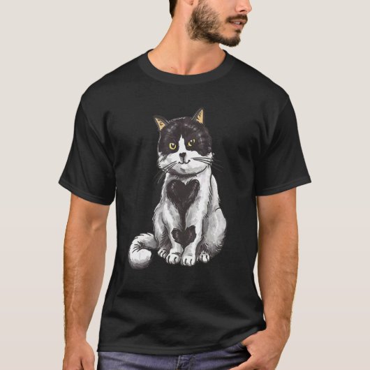 Zwart Witte Kat Harten T-shirt (Voorkant)