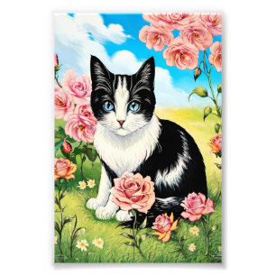 Zwart-witte kat in een bloemrijke weide foto afdruk