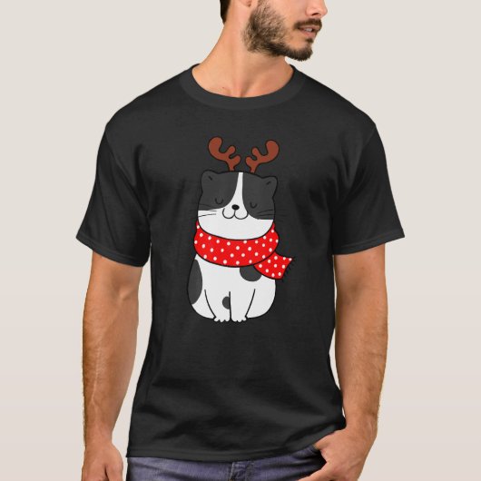 Zwart Witte Kat Kerst Rendier Geweien  Kat T-shirt (Voorkant)