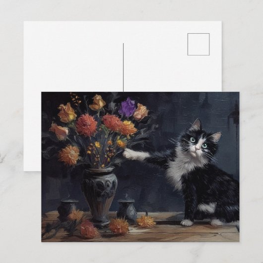 Zwart-witte kat kloppen vaas van tafel briefkaart (Voorkant / Achterkant)
