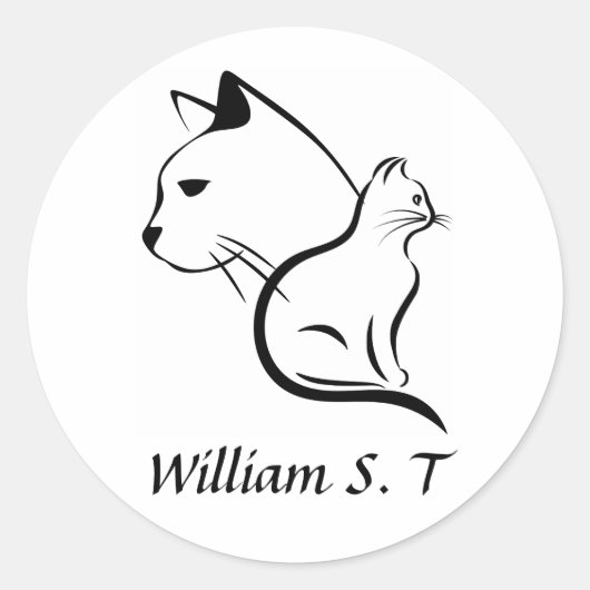 Zwart & Witte Kat Lijntekening met Gepersonaliseer Ronde Sticker (Voorkant)