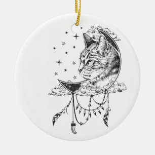 Zwart-witte kat maan raam zonnevanger keramisch ornament