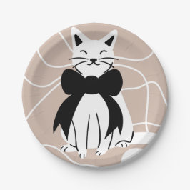 Zwart-witte kat met abstracte lijn  papieren bordje