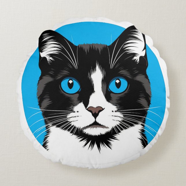 Zwart-witte kat met blauwe ogen rond kussen (Voorkant)