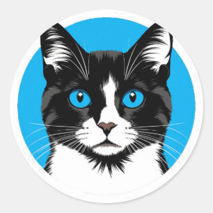 Zwart-witte kat met blauwe ogen ronde sticker