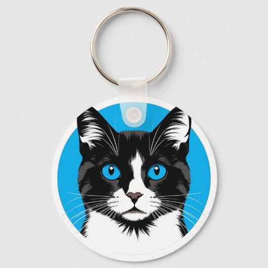Zwart-witte kat met blauwe ogen sleutelhanger (Voorkant)