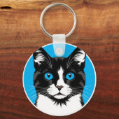 Zwart-witte kat met blauwe ogen sleutelhanger (Achterkant)