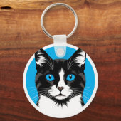 Zwart-witte kat met blauwe ogen sleutelhanger (Voorkant)