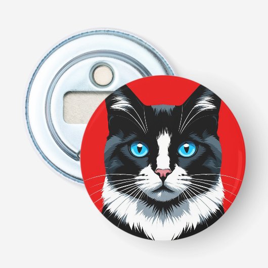 Zwart-witte kat met levendige blauwe ogen button flesopener (Voorkant)