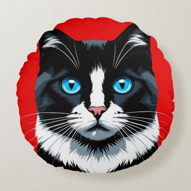 Zwart-witte kat met levendige blauwe ogen rond kussen (Voorkant)
