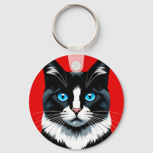 Zwart-witte kat met levendige blauwe ogen sleutelhanger