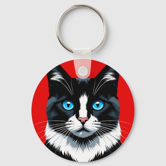 Zwart-witte kat met levendige blauwe ogen sleutelhanger (Voorkant)