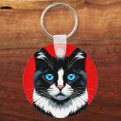 Zwart-witte kat met levendige blauwe ogen sleutelhanger (Achterkant)