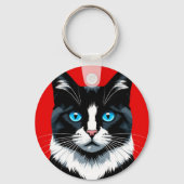 Zwart-witte kat met levendige blauwe ogen sleutelhanger (Achterkant)