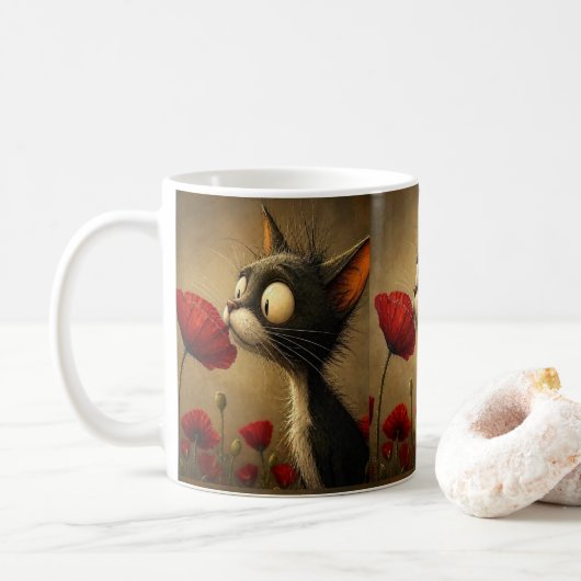 Zwart & Witte Kat Rode Bloem Bloemstuk Mok (Met donut)