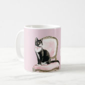 Zwart Witte Kat Roze Stoel Koffiemok (Voorkant links)