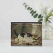 Zwart-witte kat sigaar olie bronzen rand feestdagenkaart (Staand voorkant)