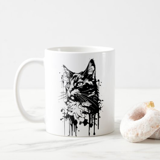 Zwart-Witte Kat Spat Koffiemok (Met donut)