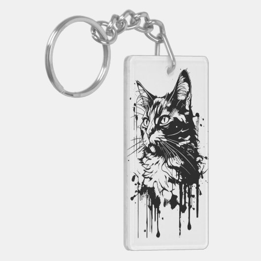 Zwart-witte kat splash sleutelhanger (Voorkant Links)