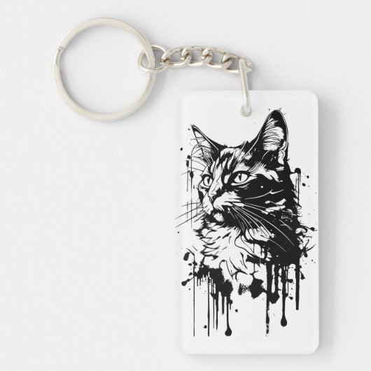 Zwart-witte kat splash sleutelhanger (Voorkant)