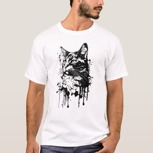 Zwart-witte kat splash t-shirt (Voorkant)