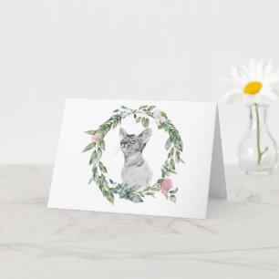 Zwart-witte kat waterverf groene roze bloemschikki kaart