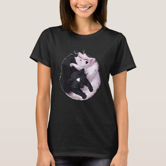 Zwart-Witte Kat Yin Yang Dier T-shirt (Voorkant)