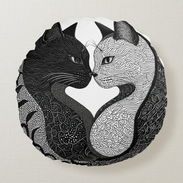 Zwart-witte kat Yin Yang-symbool Rond Kussen (Voorkant)