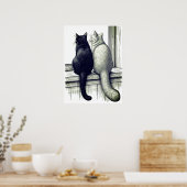 Zwart-witte katten bij het raam poster (Keuken)