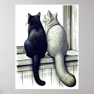 Zwart-witte katten bij het raam poster