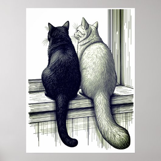 Zwart-witte katten bij het raam poster (Voorkant)