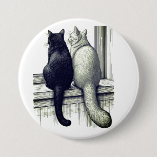 Zwart-witte katten bij het raam ronde button 7,6 cm