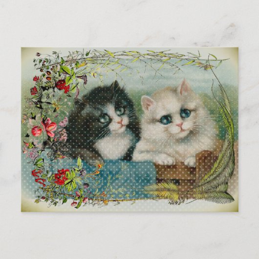 Zwart-witte katten Bloemenrand Feestdagenkaart (Voorkant)